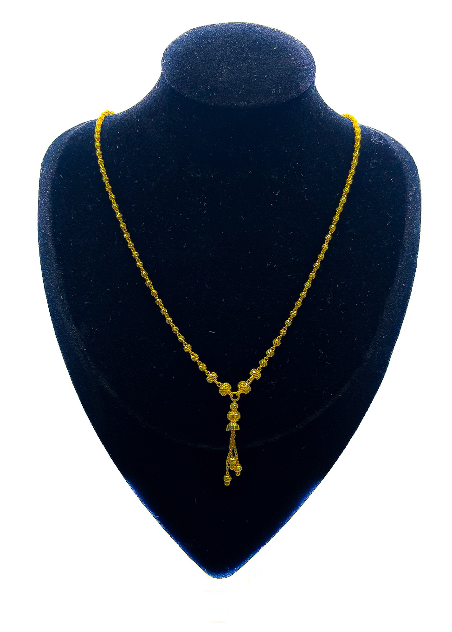 22K gold drop pendant necklace on black velvet display stand, 9.21g