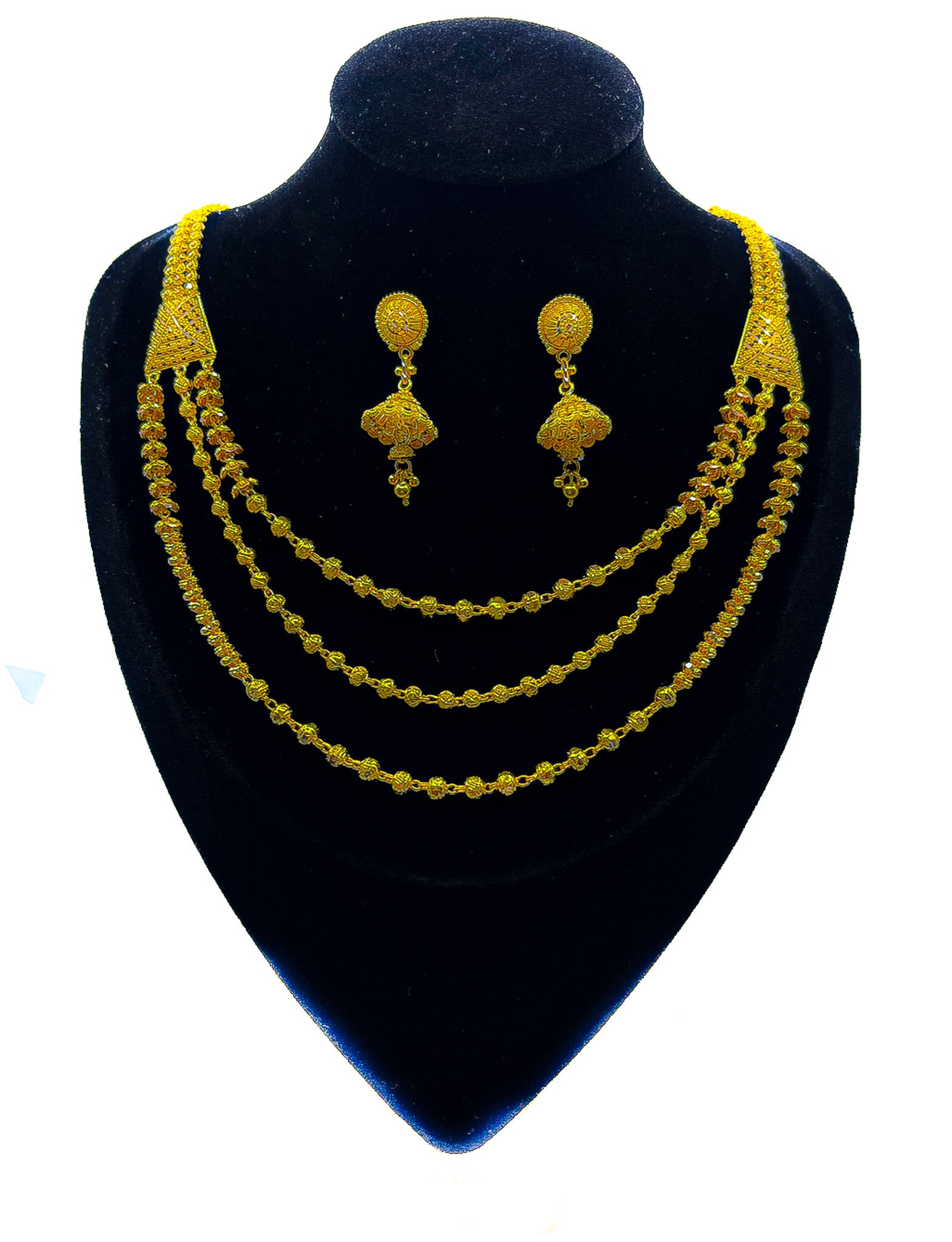 22K yellow gold layered necklace with matching drop earrings set on black velvet display, 37.25g