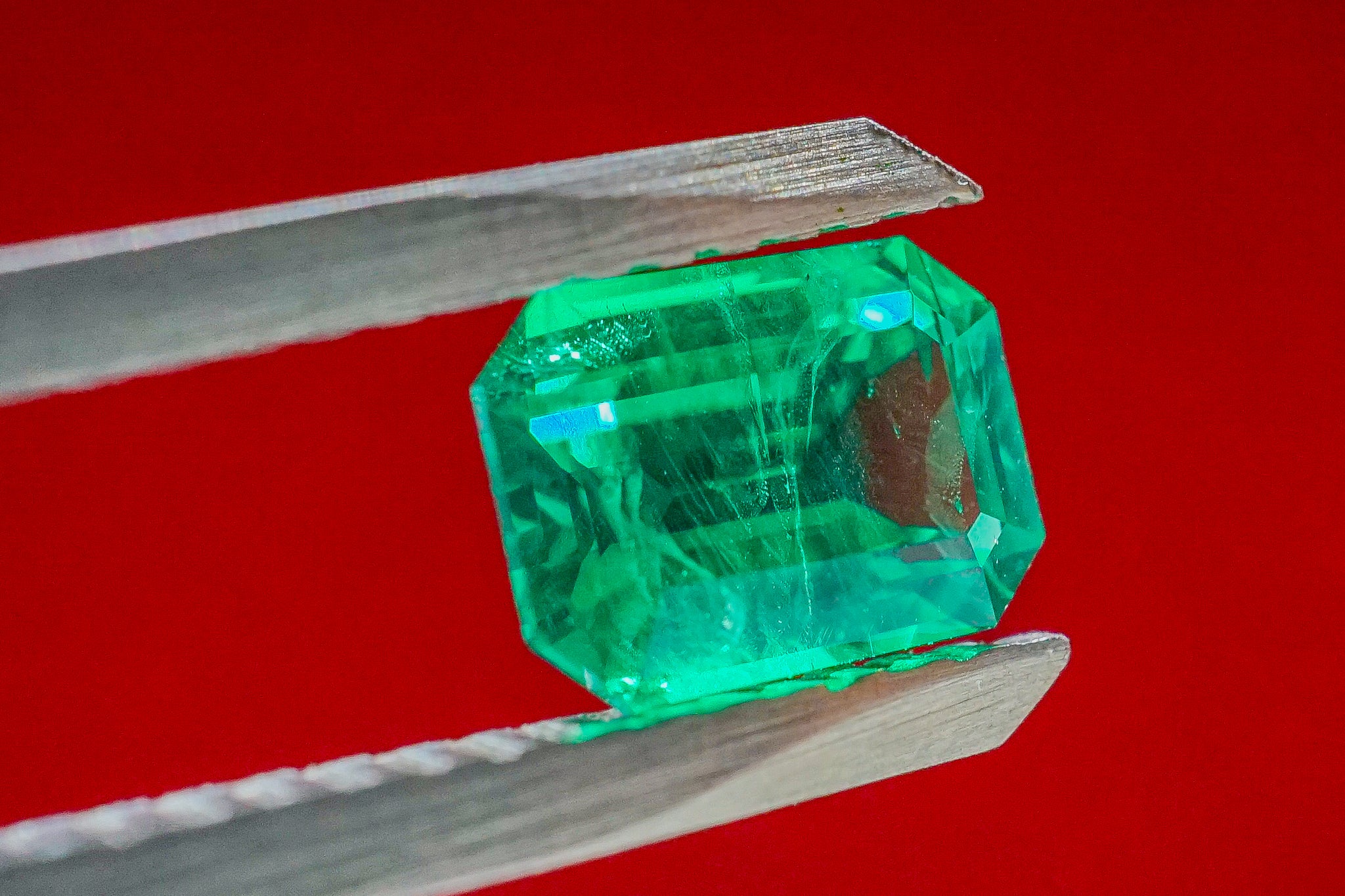 Loose emerald stone 0.28g emerald-cut green gemstone held in tweezers on red background