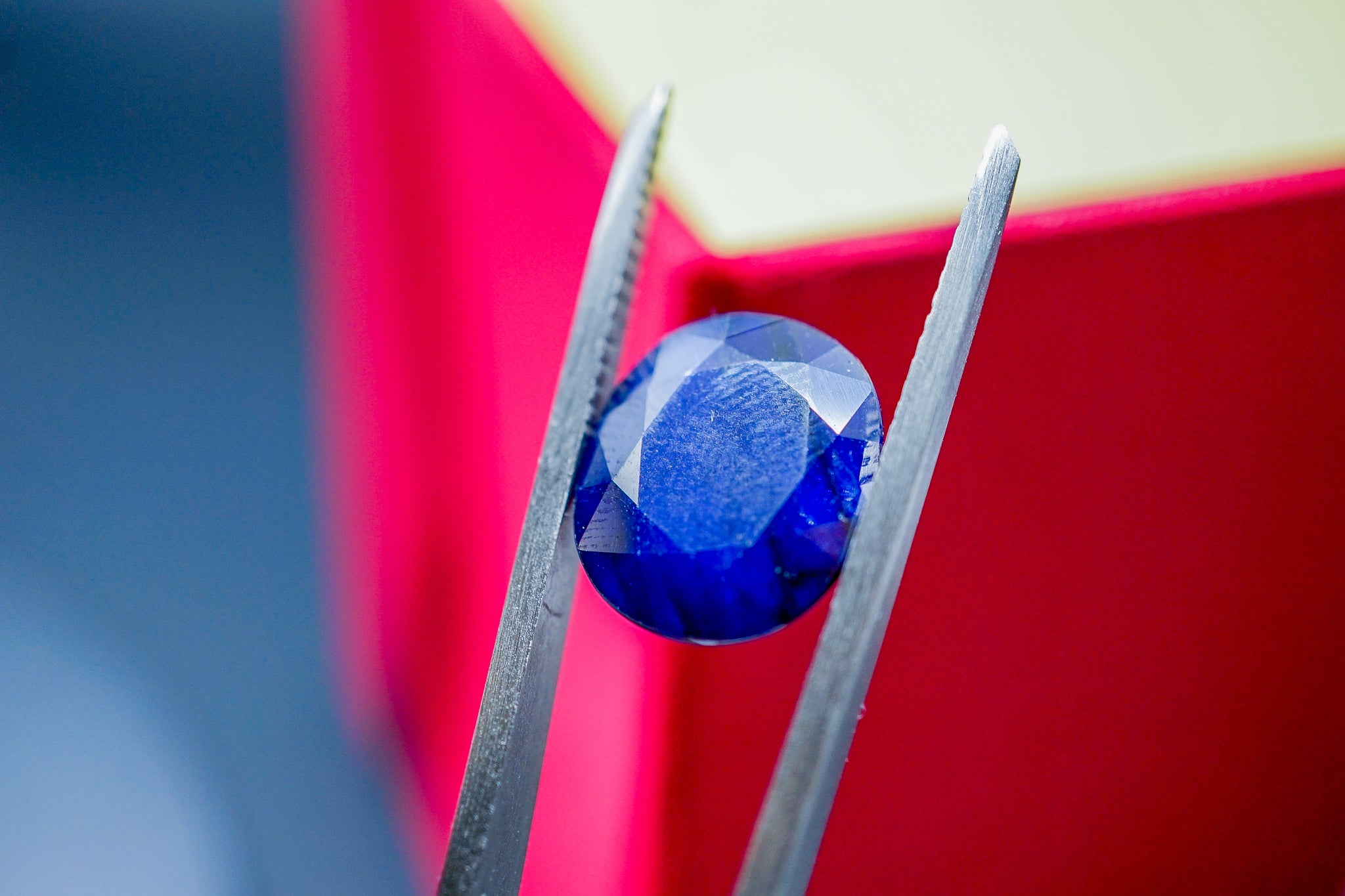 Oval faceted blue sapphire loose gemstone held in tweezers, 2.53 g