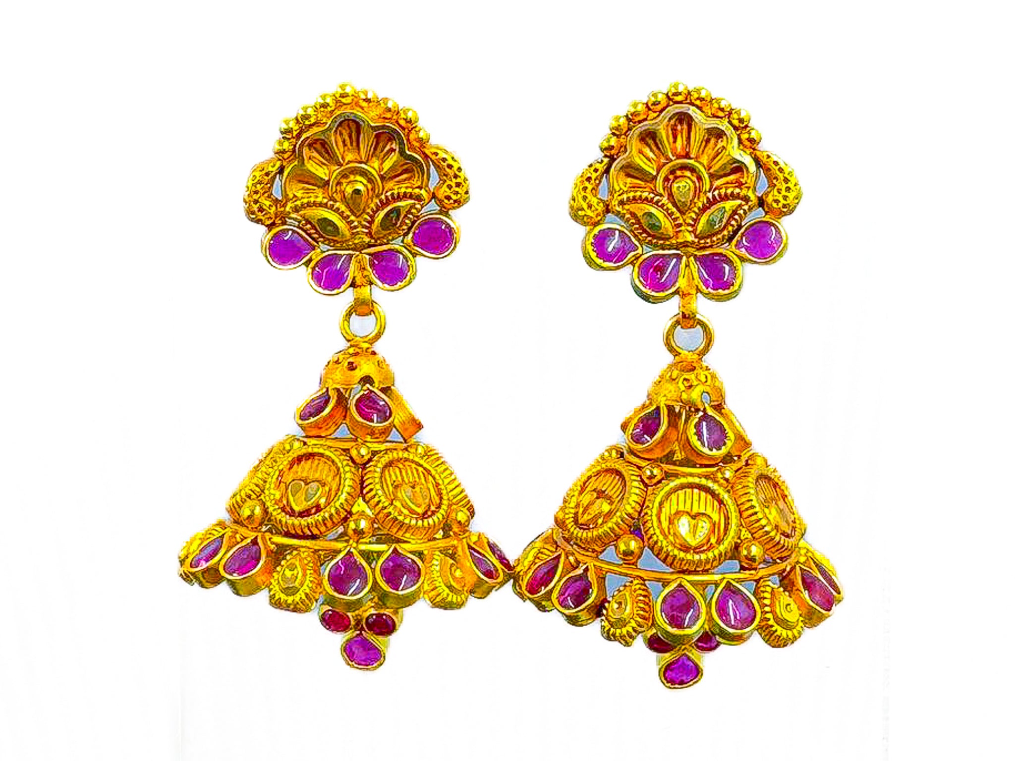 Pair of 22K gold jhumka earrings 10.84g  with pink stone accents on a white background