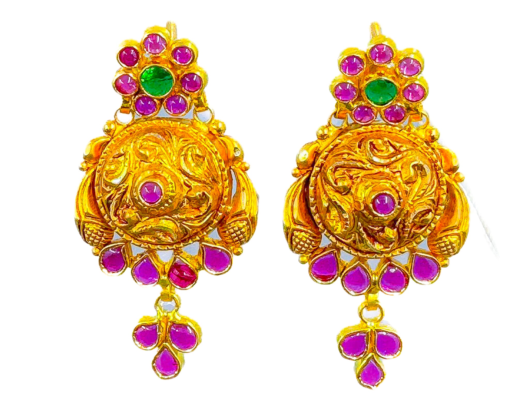 Pair of 22K gold jhumka earrings 7.18g with pink and green stone accents on a white background