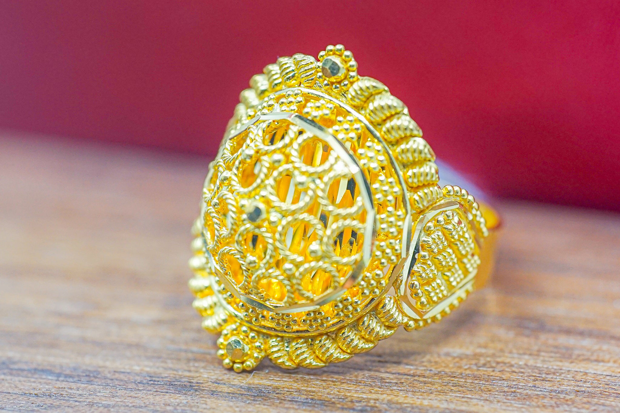 22k gold dome statement ring with openwork lattice design and beaded border